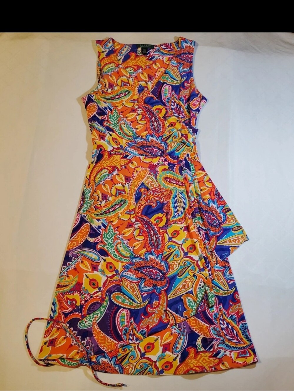 Lauren Ralph Lauren Paisley Dress Womens Medium Blue Orange Stretch Faux Wrap